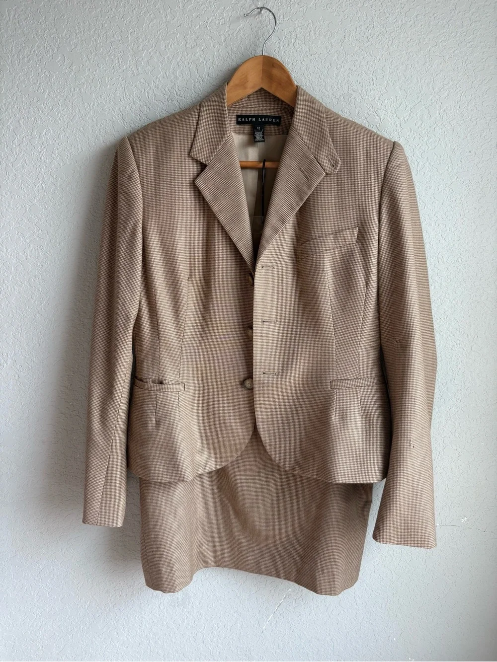 Ralph Lauren Vintage Wool Cashmere Skirt Suit Women US12 Camel Houndstooth silk